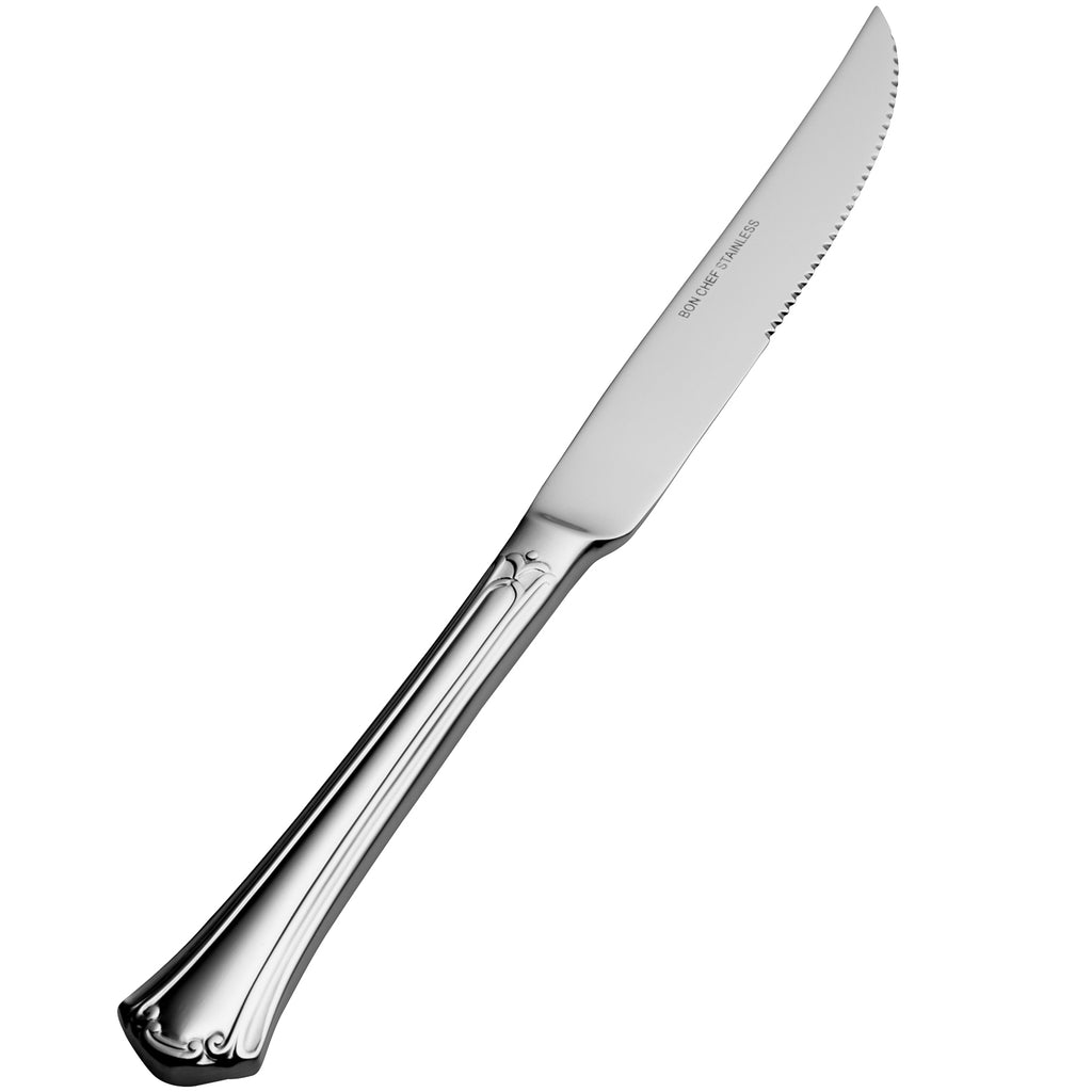 Bon Chef S2115 Breeze 10 1/8" 13/0 Stainless Steel Extra Heavy Weight European Solid Handle Steak Knife - 12/Pack