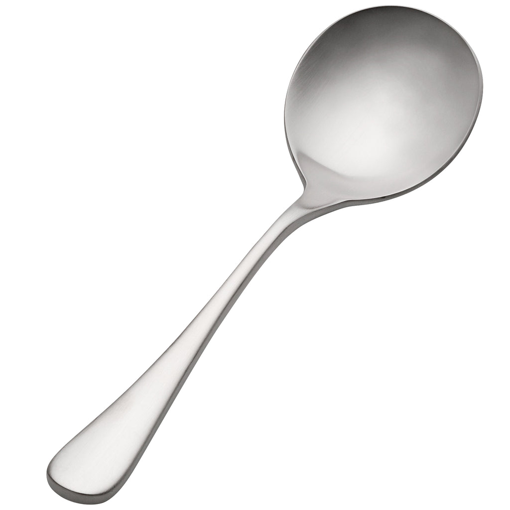 Bon Chef S4101 Como Satin Finish 6 3/8" 18/10 Extra Heavy Weight Stainless Steel Bouillon Spoon - 12/Pack