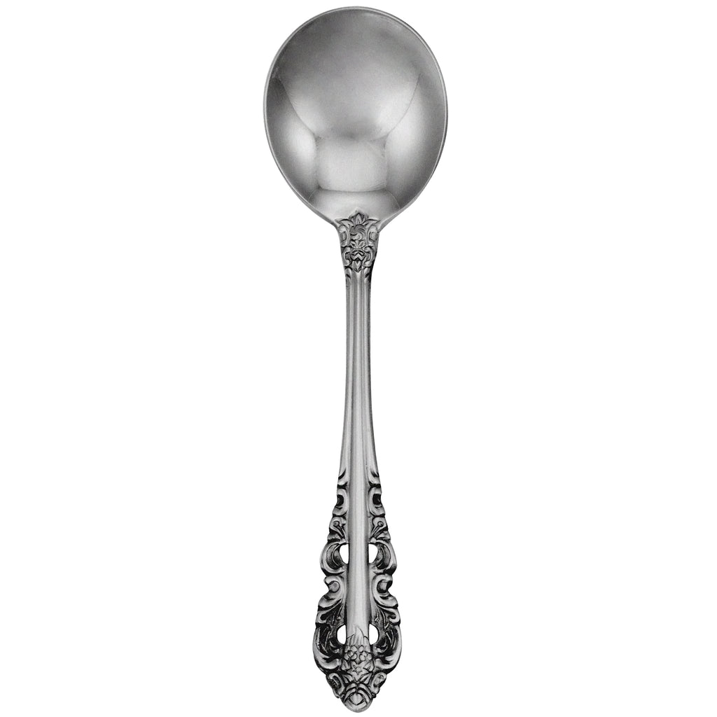 Walco 6812FS Classic Baroque 6" 18/10 Stainless Steel Extra Heavy Weight Bouillon Spoon with Fieldstone Finish - 12/Pack